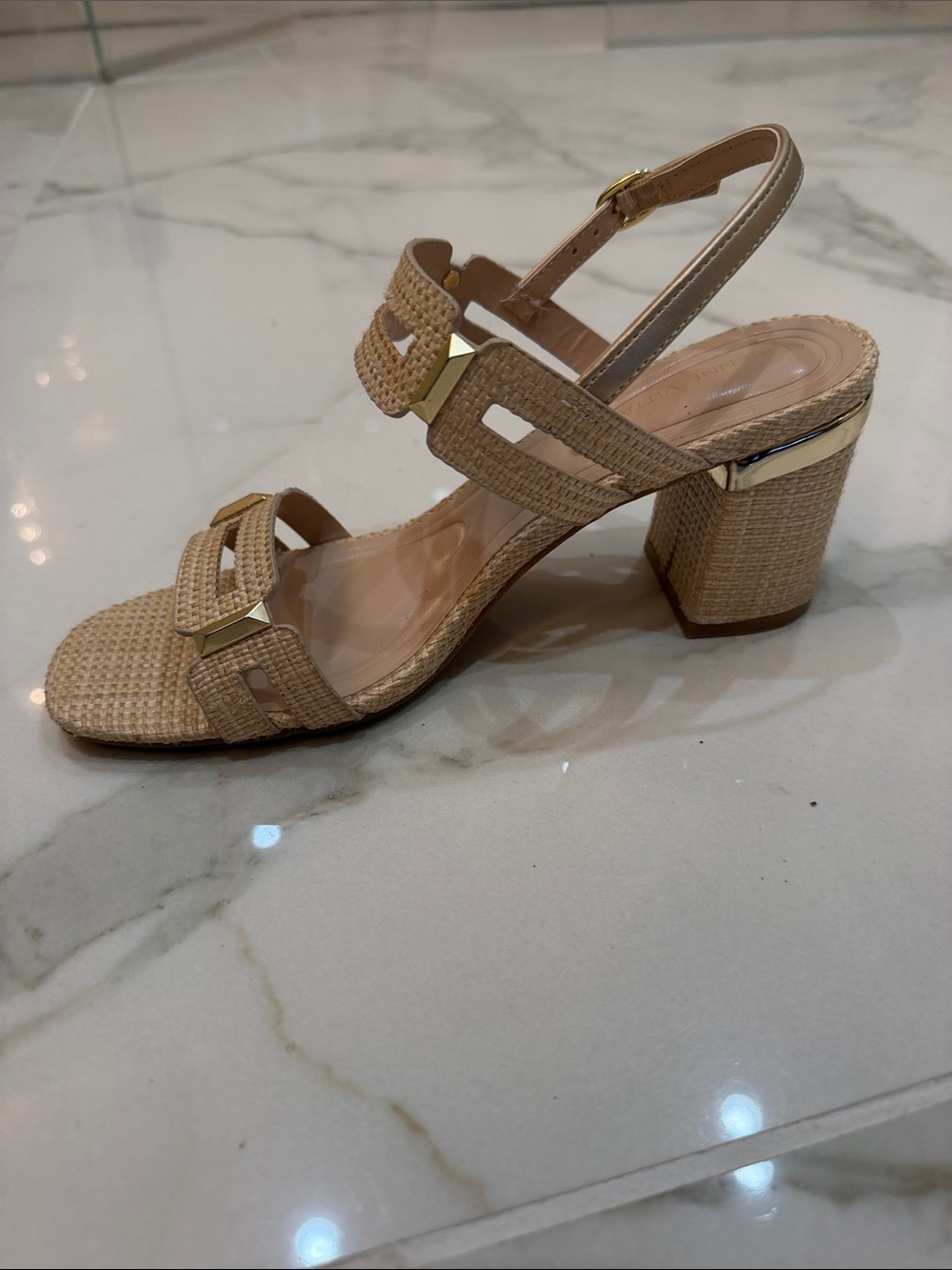 Adrienne Vittadini Beige Woven Slingback Block Heel Sandal with Gold Accents